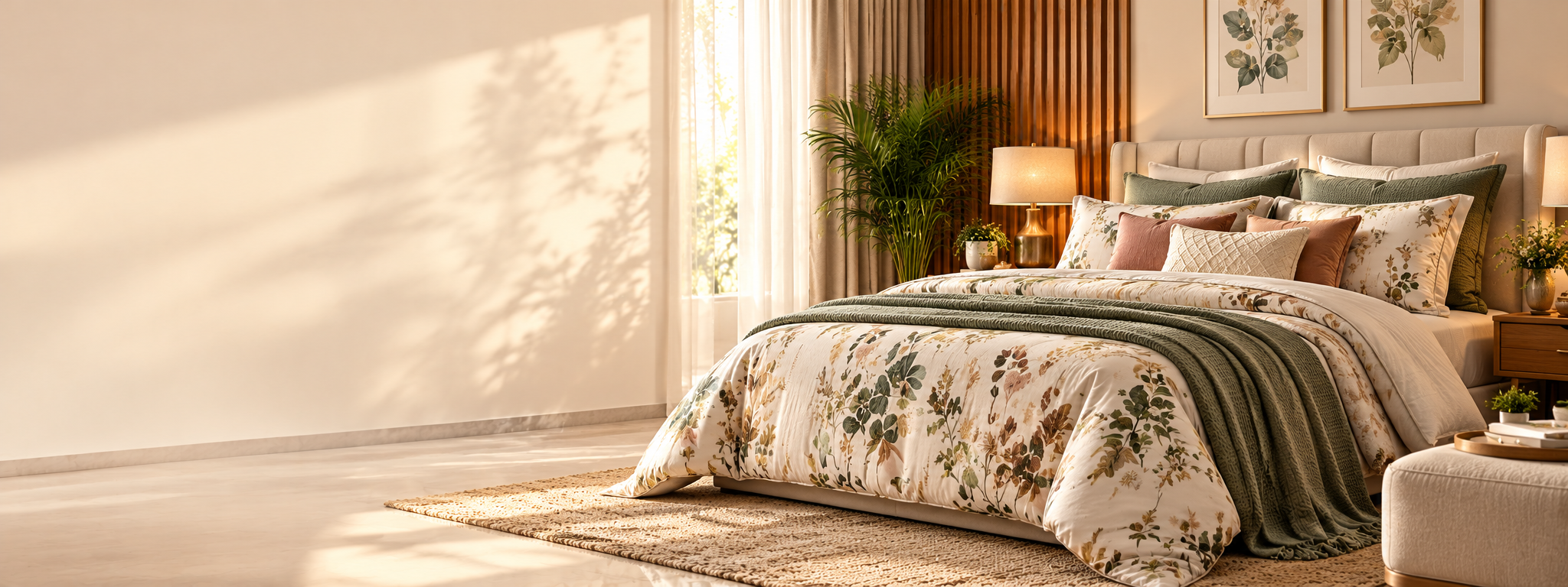Beautifully styled bedroom with soft bedding